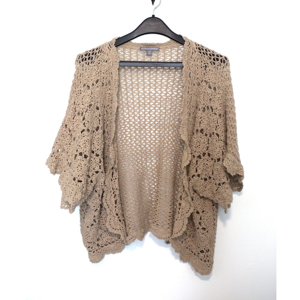 Jessica London Tan Crochet Open Front Shrug Cardigan Plus Size 1X 22/24 Boho